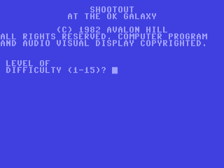 Shootout At The OK Galaxy title screen for Commodore 64